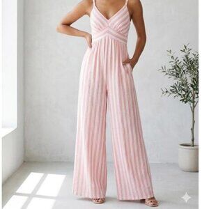 Coral & White Striped Linen Playsuit with Pockets